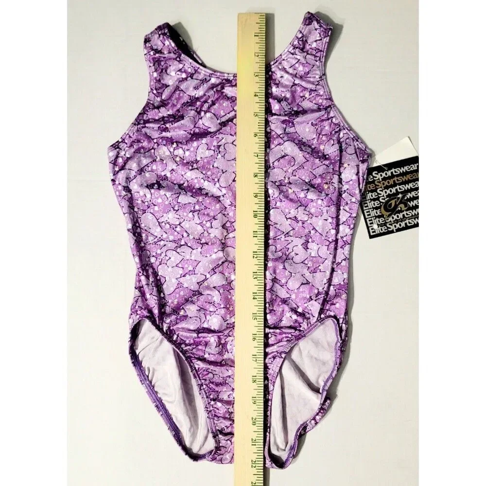 GK Elite Gymnastics Dance Racerback Keyhole Leotard Foil Hearts Purple Adult L